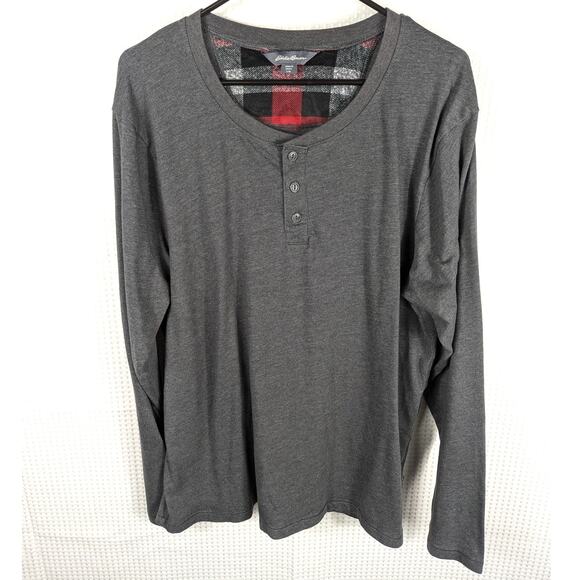 Eddie Bauer L Henley Shirt Men Gray Long Sleeve Cotton Plaid Lined Casual Top - Picture 5 of 5